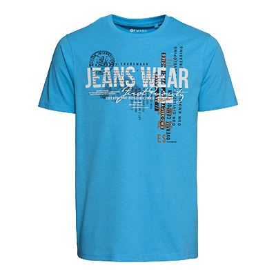 T-Shirt, Blau, Frontprint mit Schriftzug, Rundhalsausschnitt, Kurzarm, Produktansicht, Vorderansicht
