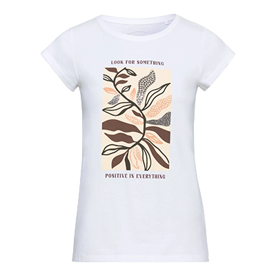 T-Shirt, Weiß, grafisches Pflanzenmuster in Beige und Braun, Rundhals, kurzer Arm, Vorderansicht