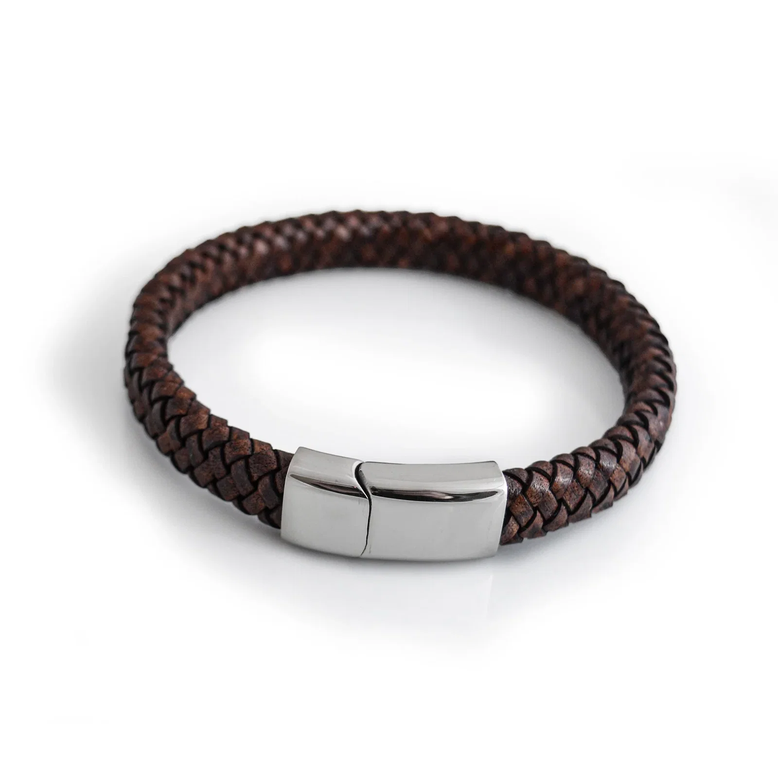 Image of Oval Leather Bracelet With Polished Magnetic Clip Stainless Steel Clasp