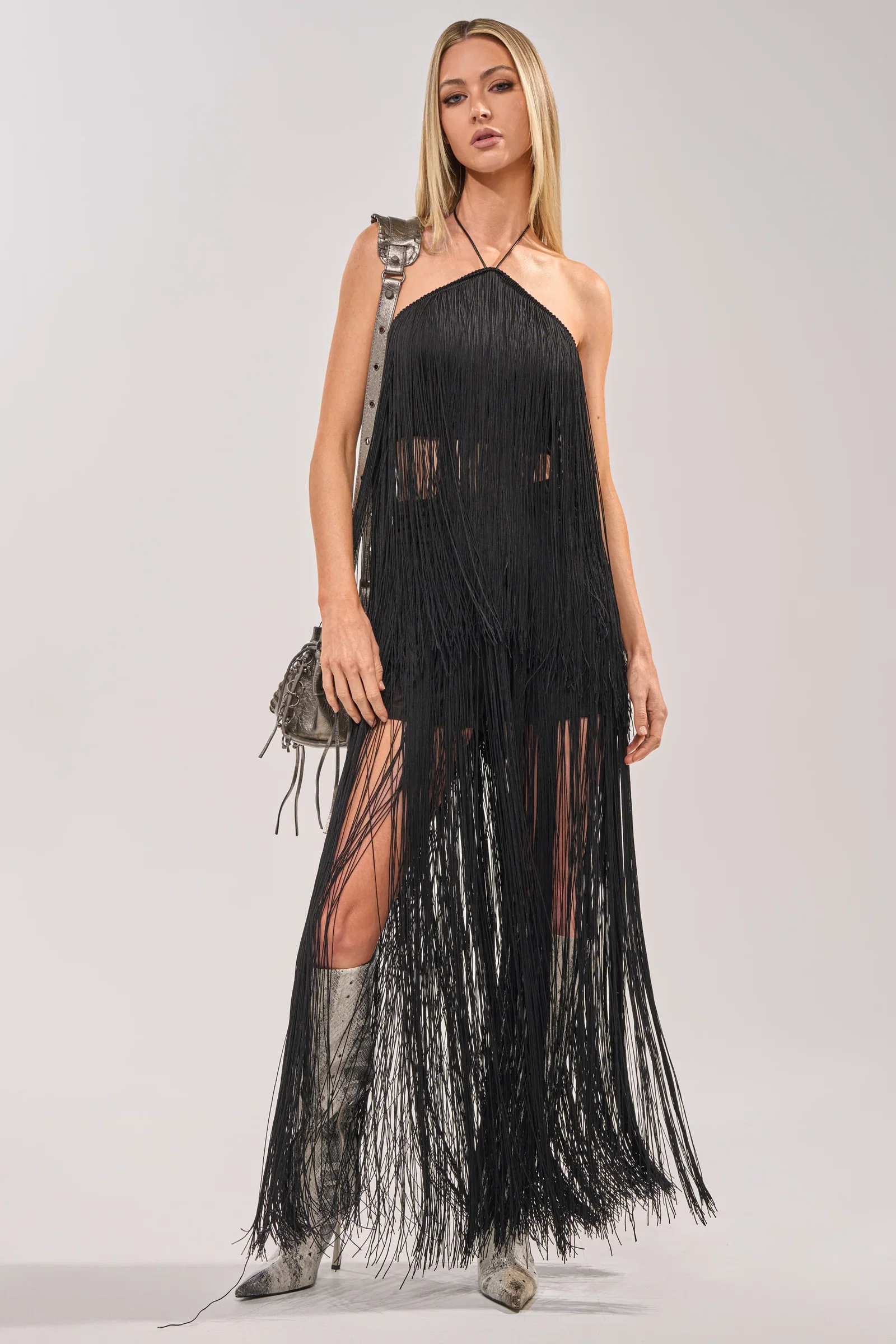 Image of ON THE EDGE FRINGE HALTER TOP IN BLACK