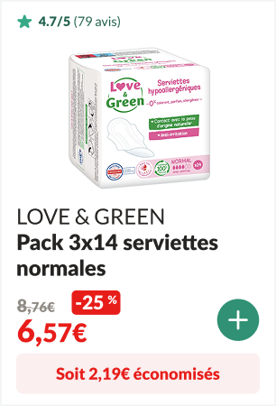-25% sur le Pack 3x14 Serviettes normales hypoallergéniques 0% ultra, avec - LOVE & GREEN