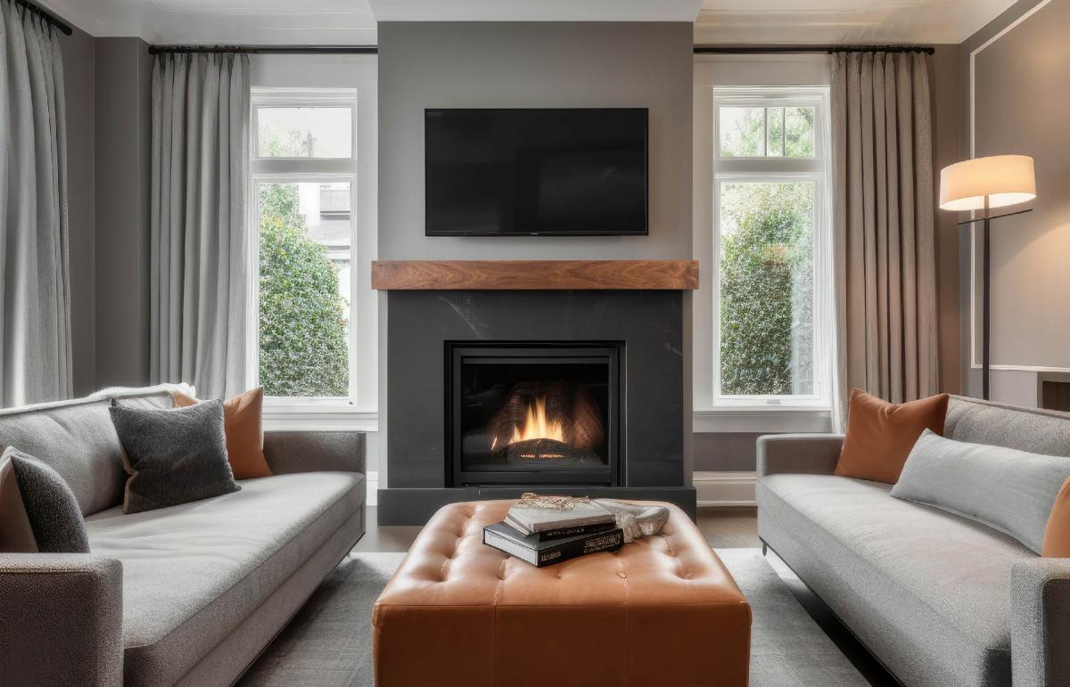 Modern living room with fireplace and sofas.