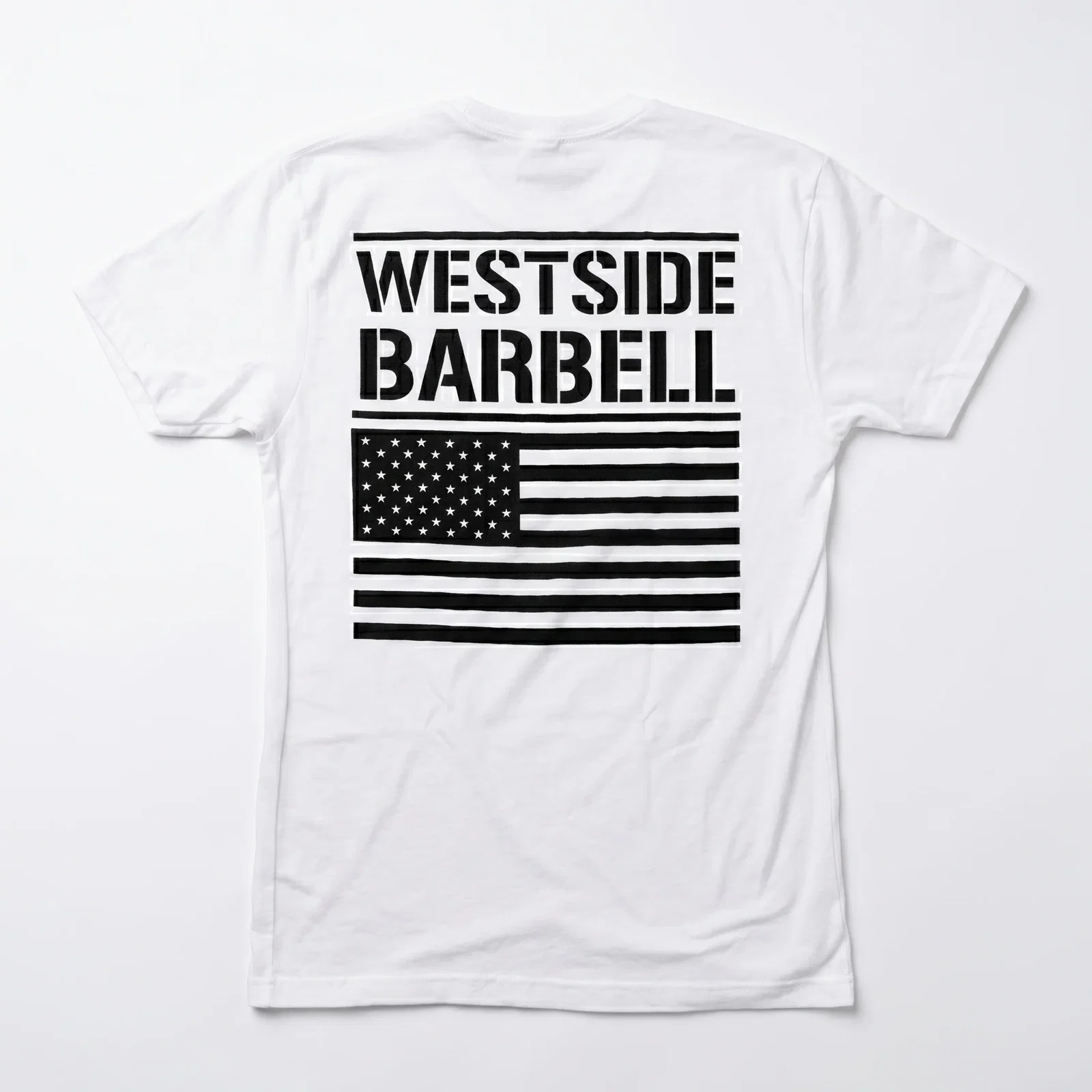 Back of the white Westside Barbell Fourth of July tee with a full American flag and Westside Barbell stencil graphic