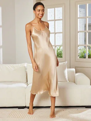 Image of 100% Mulberry Silk Spaghetti Strap V-neck Midi Nightgown