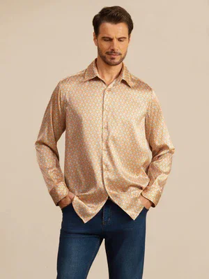 Image of Clearance - 19Momme Silk Men's Long Sleeve Lapel Collar Floral Print Shirt