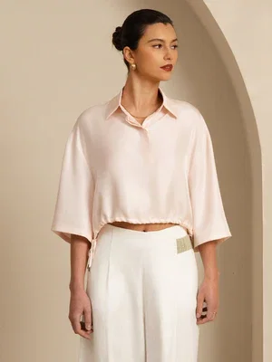 Image of Clearance - Pure Silk Women's Half Sleeve Cropped Blouse With Drawstring Hem