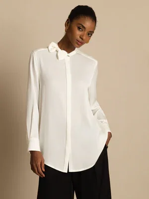 Image of Clearance - 19Momme Silk Women's Long Sleeve Stand Collar Bow Blouse