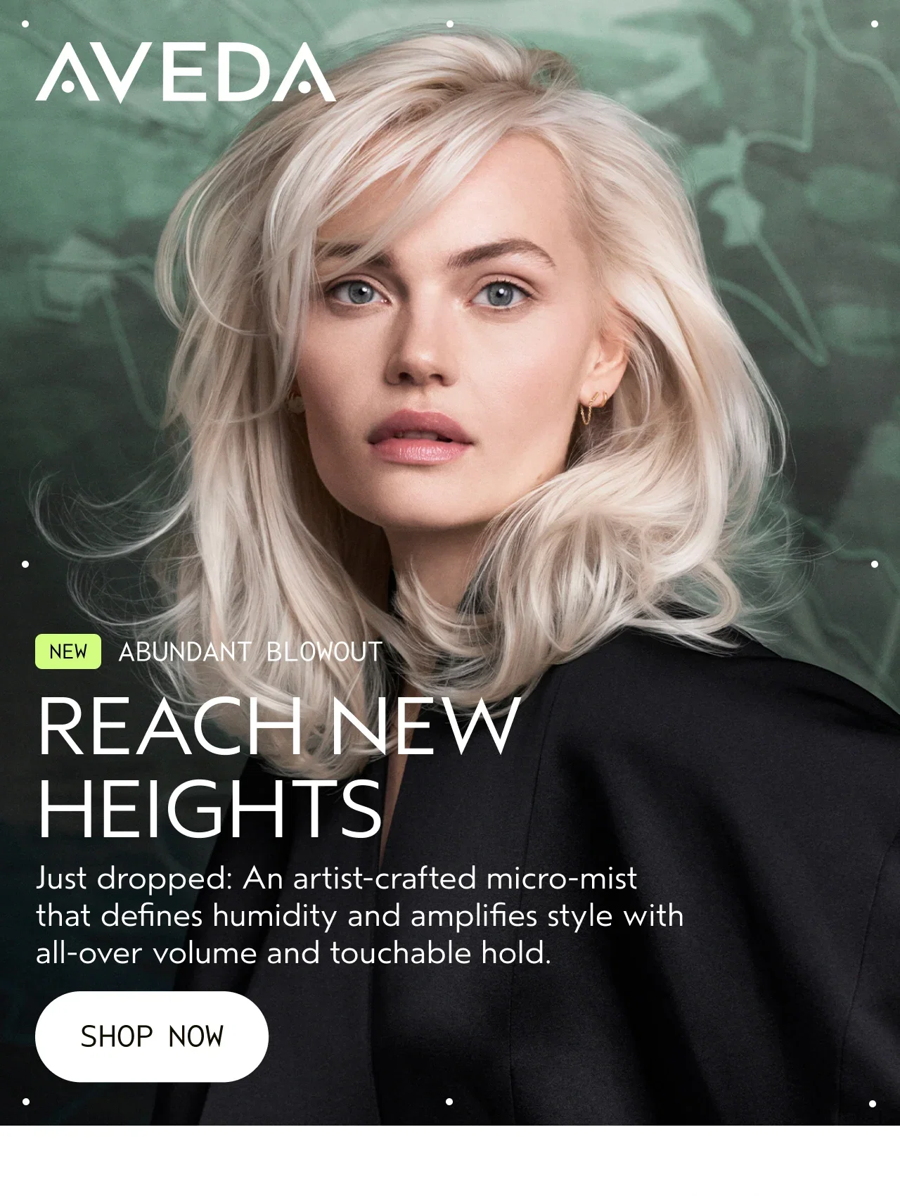 AVEDA | NEW ABUNDANT BLOWOUT REACH NEW HEIGHTS | Just dropped: An artist-crafted micro-mist that defines humidity and amplifies style with all-over volume and touchable hold. | SHOP NOW