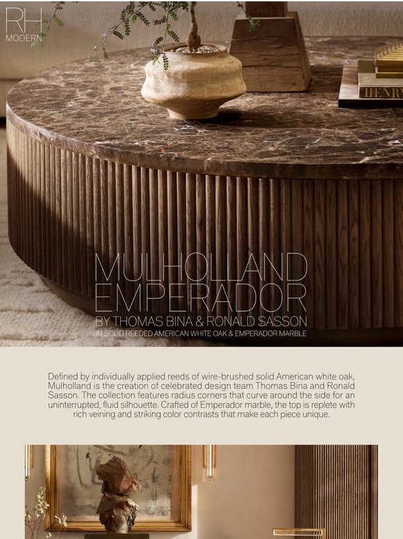 The Mulholland Collection. Handcrafted in Emperador Marble & Reeded White Oak.