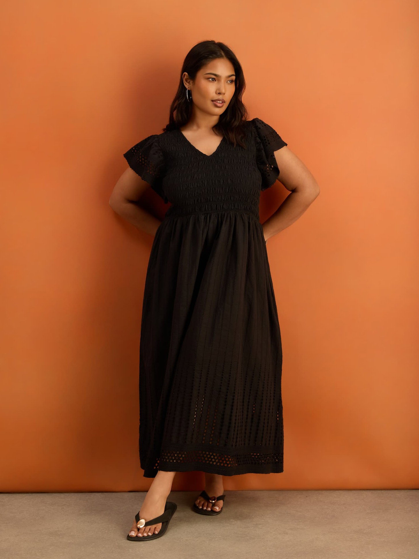 Petite Black Shirred Broderie Midi Dress