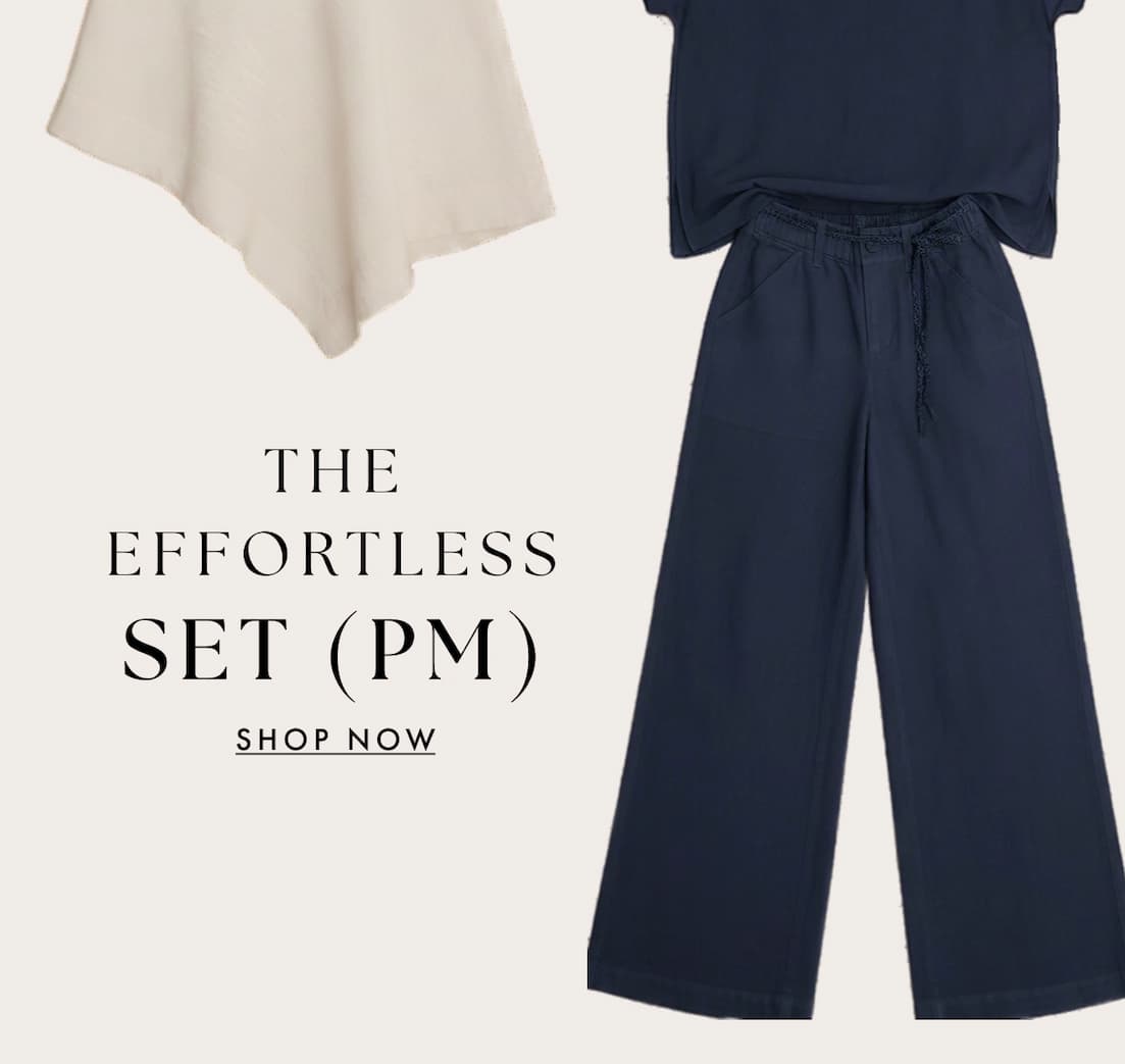 The Rumba Linen Split Neck Tee and Eliot Wide Leg Rumba Linen Belted Crop Pant is highlighted with the call to action "Shop Now" for potential buyers.