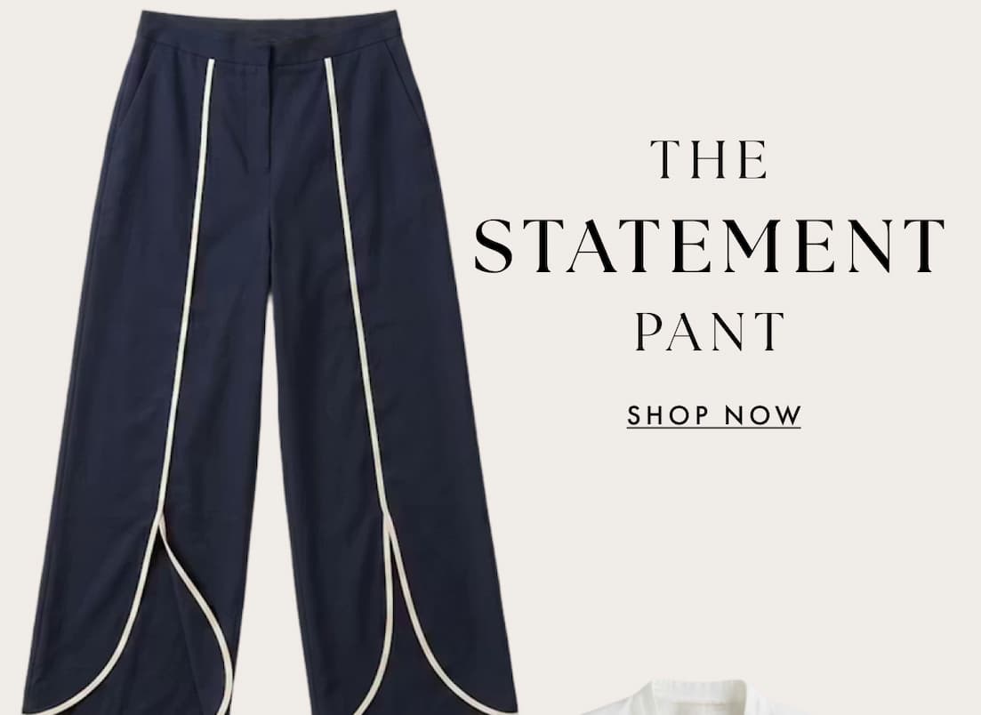 The Piped Wide Leg Linen Split Seam Pant is highlighted with the call to action "Shop Now" for potential buyers.