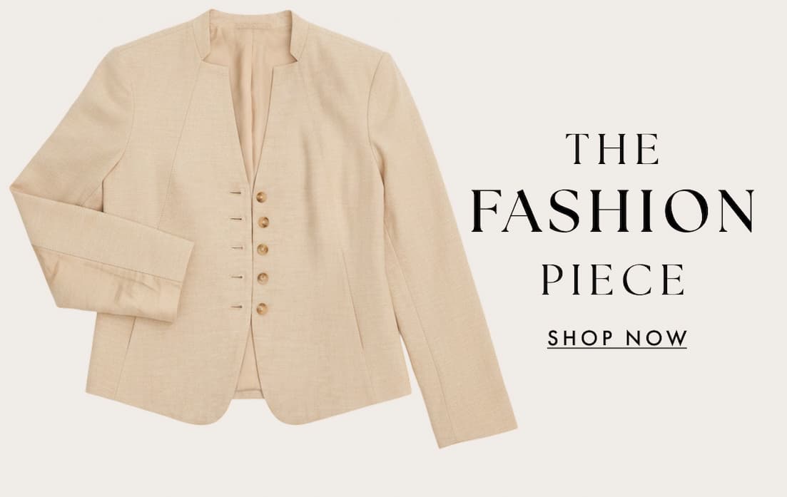 The Seams To Be Stretch Linen Jacket is highlighted with the call to action "Shop Now" for potential buyers.