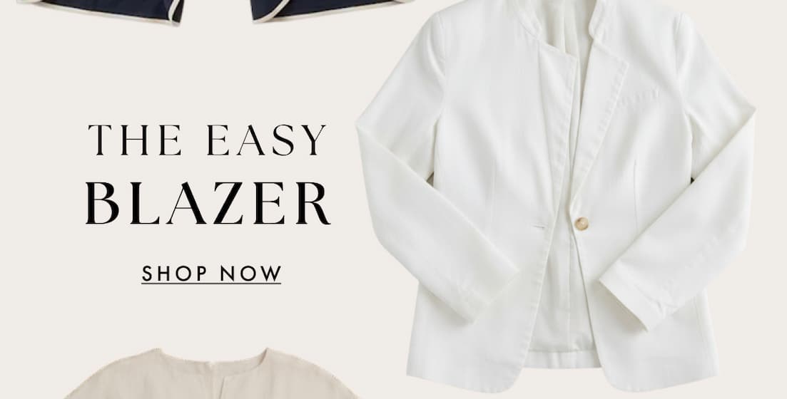 The Stretch Linen Eva Blazer is highlighted with the call to action "Shop Now" for potential buyers.