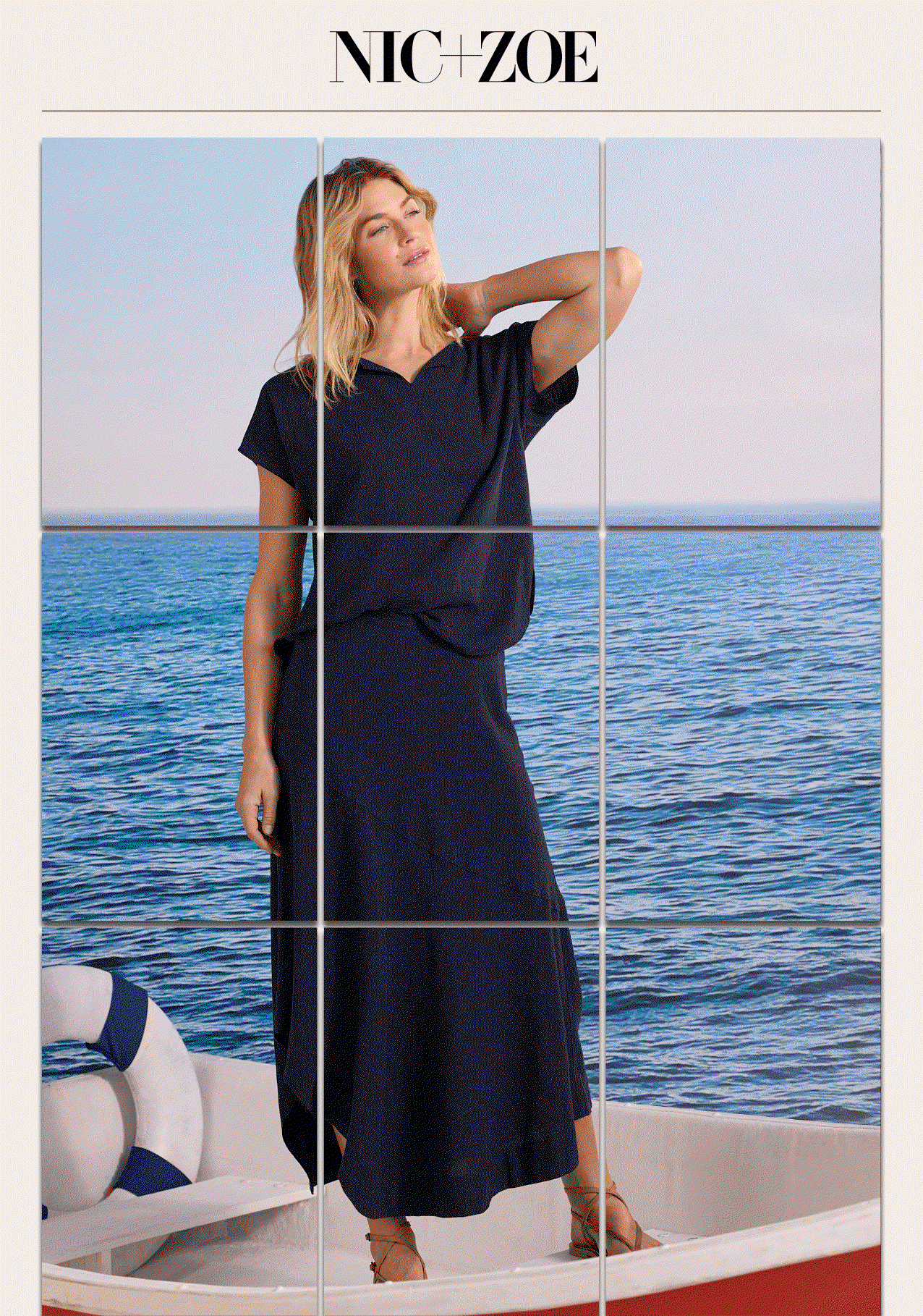 The GIF grid looping video showcasing a variety of models wearing different matching sets while sitting and standing on a boat at sea.