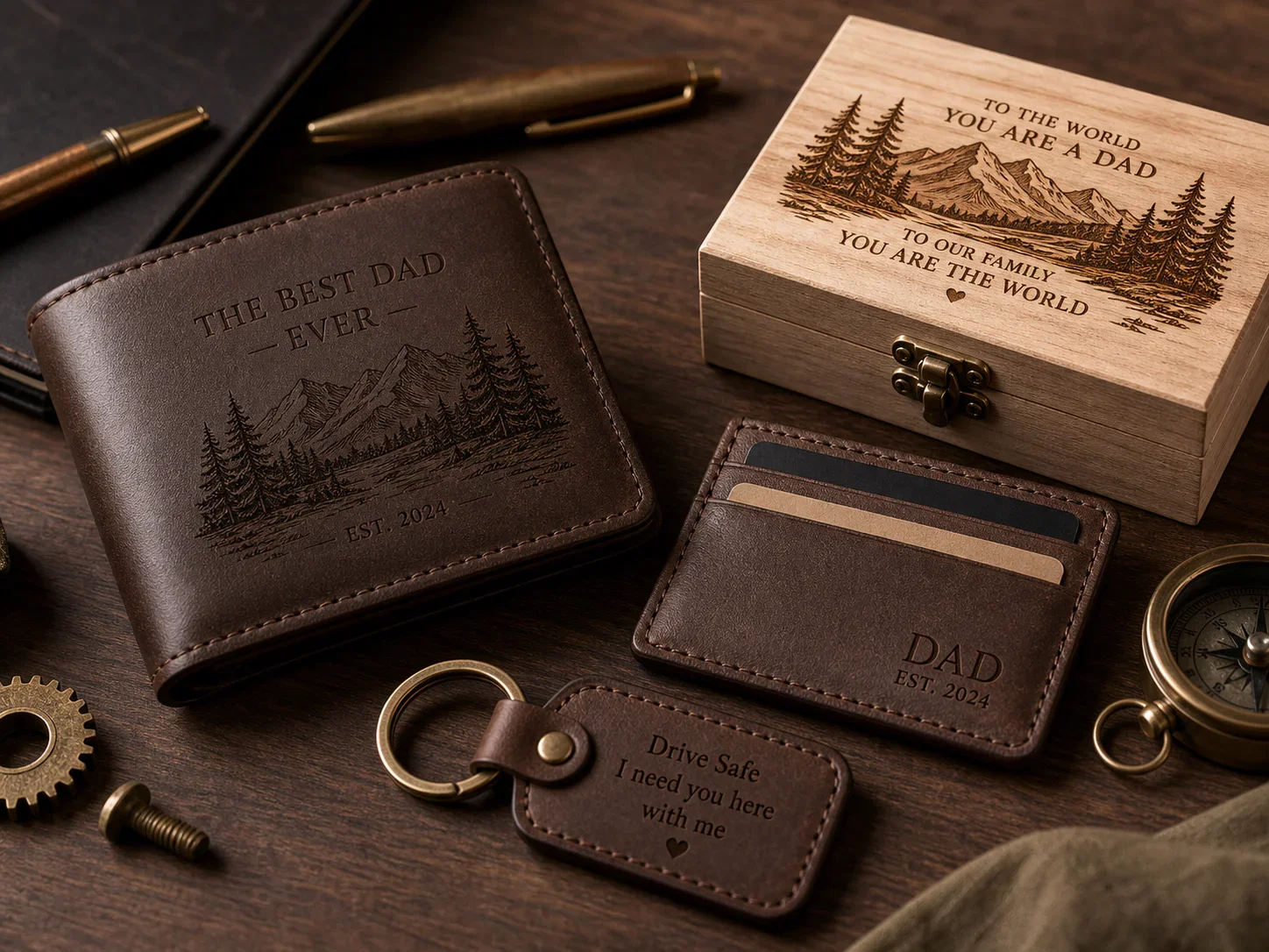 Personalized leather wallet and wooden gift box ideas