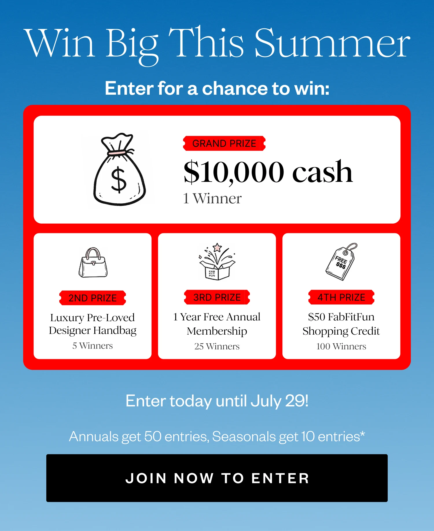 Win Big This Summer | Enter for a chance to win: | GRAND PRIZE $10,000 cash 1 Winner | 2ND PRIZE Luxury Pre-Loved Designer Handbag 5 Winners | 3RD PRIZE 1 Year Free Annual Membership 25 Winners | 4TH PRIZE $50 FabFitFun Shopping Credit 100 Winners | Enter today until July 29! | Annuals get 50 entries, Seasonals get 10 entries* | JOIN NOW TO ENTER