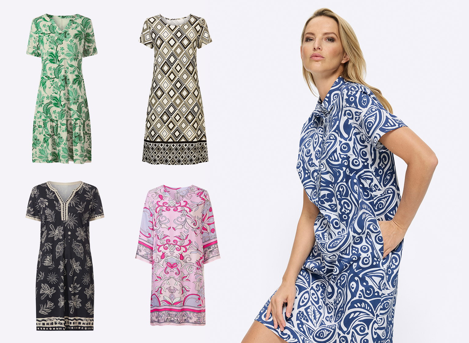 Vier jurken met verschillende patronen: groen-wit bloemig, beige-zwart geometrisch, zwart met lichte motieven, roze met ornamenten; rechts draagt een model een blauw-witte jurk met patroon.