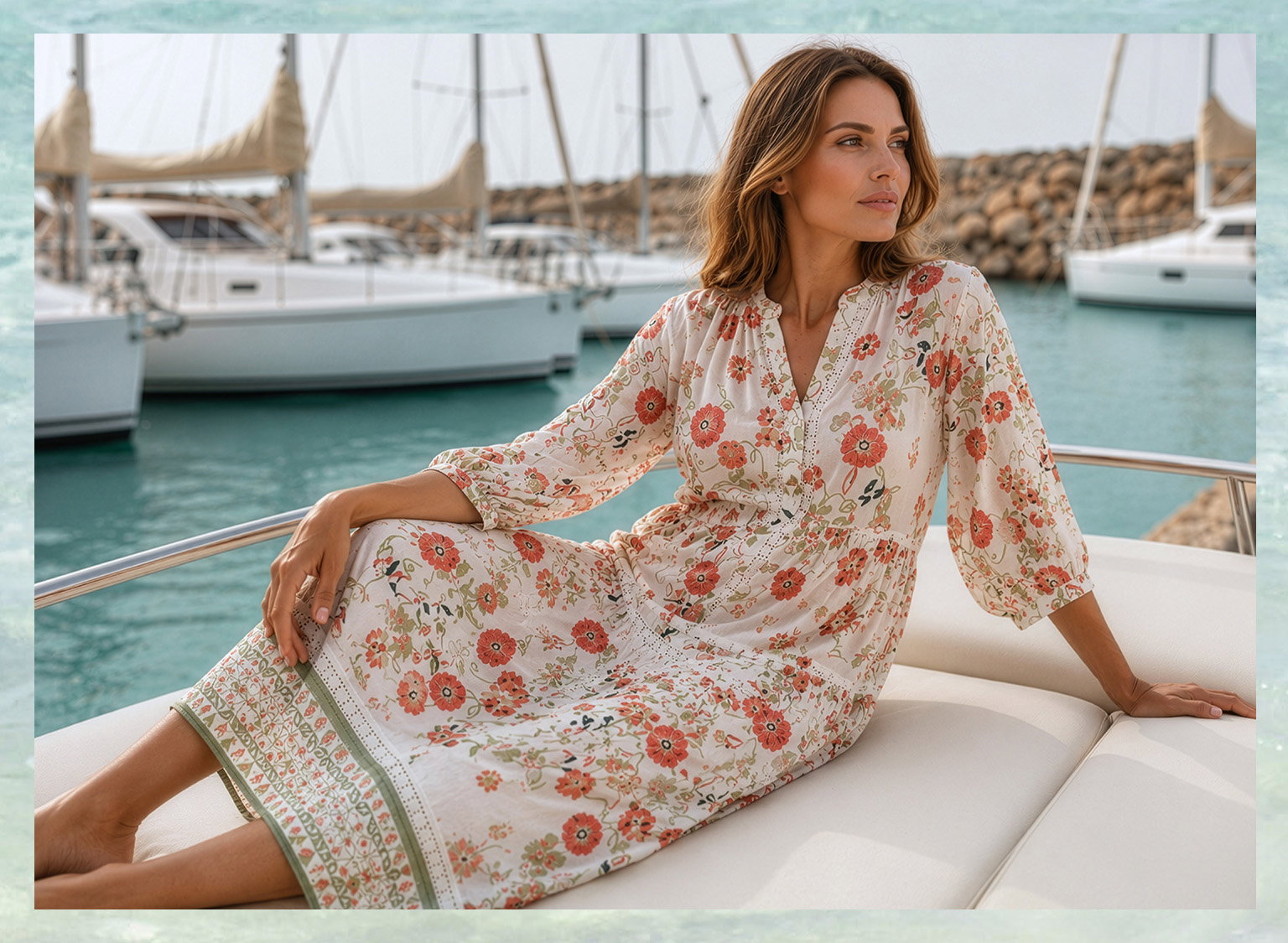  Een model zit ontspannen op een boot, draagt een witte, lange mouwen jurk met kleurrijk bloemenpatroon, op de achtergrond water en zeilboten. 