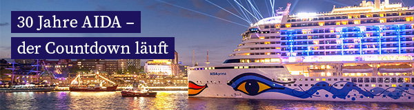 Banner „30 Jahre AIDA – der Countdown läuft“ mit beleuchtetem AIDA‑Kreuzfahrtschiff bei Nacht und Countdown: 2 Tage, 10 Stunden, 18 Minuten, 24 Sekunden.