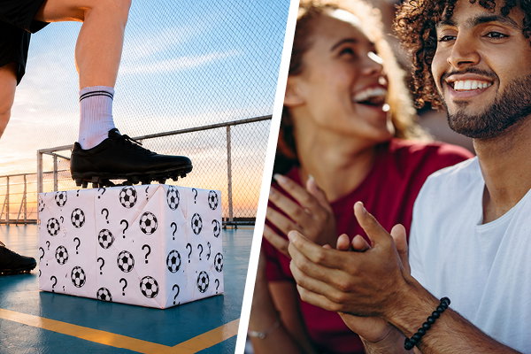 Person steht mit Fußballschuh auf einer Box mit Fragezeichen, daneben zwei Personen klatschen.| Link zu AIDA