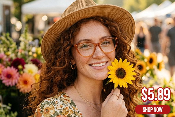 Jemima cat-eye glasses in floral pattern — model wearing delicate feminine frame