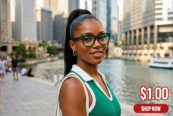 Undrea rectangle glasses in emerald green — model wearing bold sculptural frame