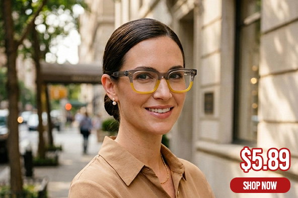 Barbara rectangle glasses in bright yellow — model wearing cheerful everyday frame