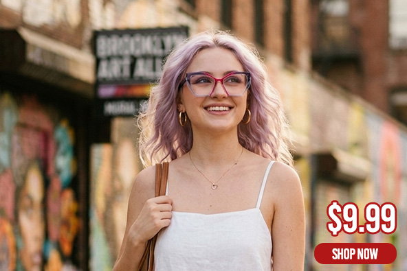 Annie cat-eye glasses in rich purple — model wearing stitching-detail frame