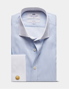 Slim Blue & White Stripe Twill Non-Iron Shirt - Contrast Detail