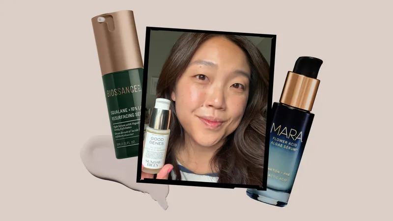 Image contains Allure contributing commerce writer Christa Joanna Lee holding Sunday Riley Good Genes All-In-One Lactic Acid Treatment, surrounded by a collage of the best lactic acid serums