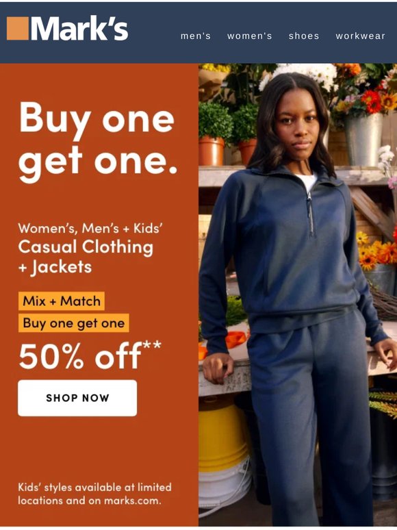 BOGO 50% off** casual clothing + jackets
