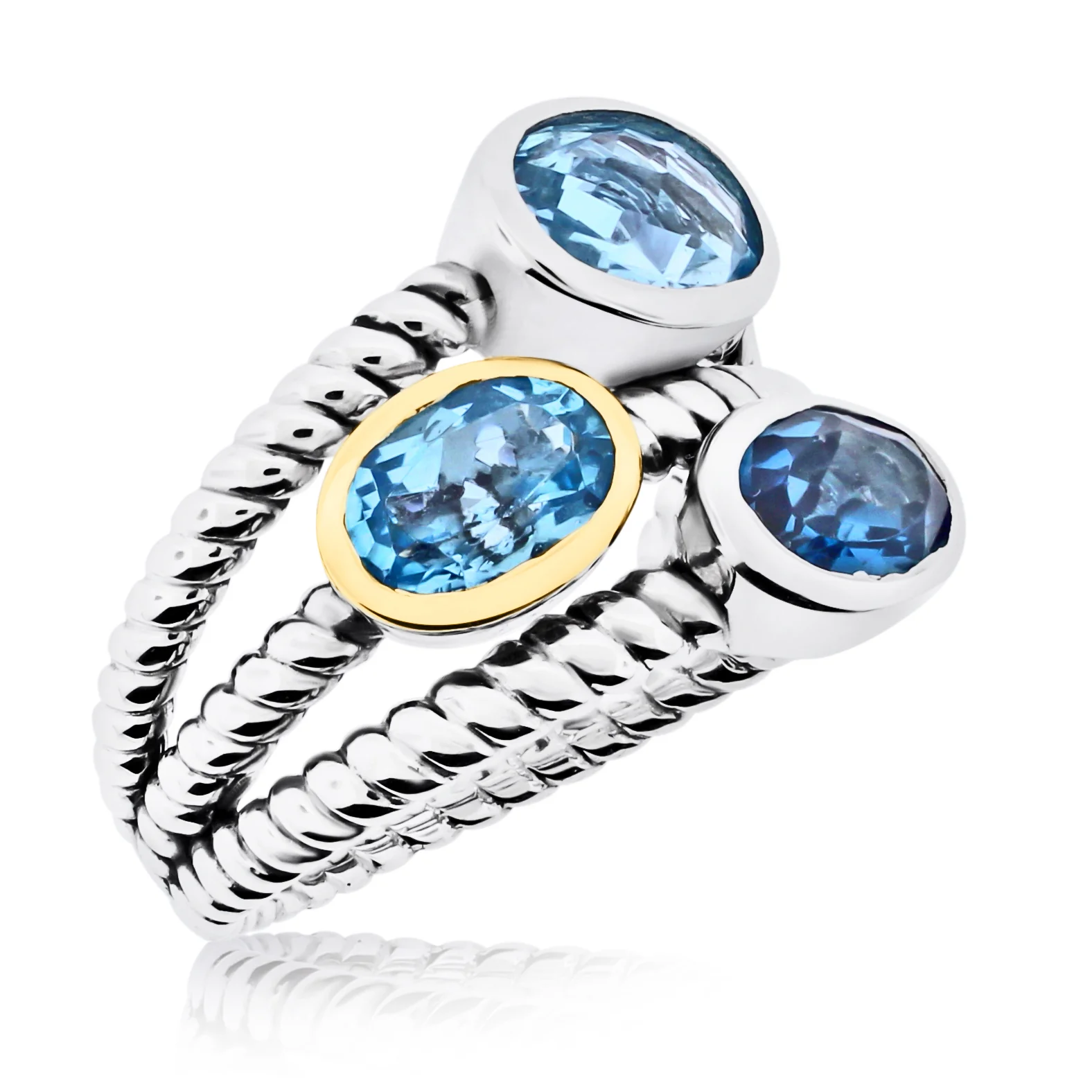 Image of Belle Artique Sterling Silver Colors of Blue Topaz 3-Stone Triple Row Braided Ring
