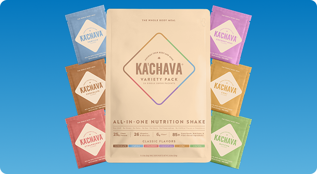 An image of a Ka'Chava Single Serve Variety Pack laying on top of a pickle ball court surrounded by paddles and pickle balls