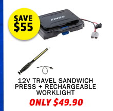 12V Travel Sandwich Press + Rechargeable Lithium LED Worklight