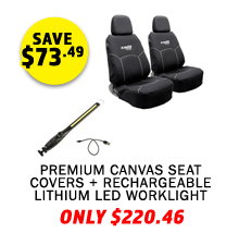 Plus Premium Canvas Seat Covers + Rechargeable Lithium LED Worklight