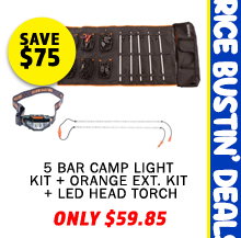 Complete 5 Bar Camp Light Kit + Orange LED Camp Light Extension Kit + Illuminator LED Head Torch