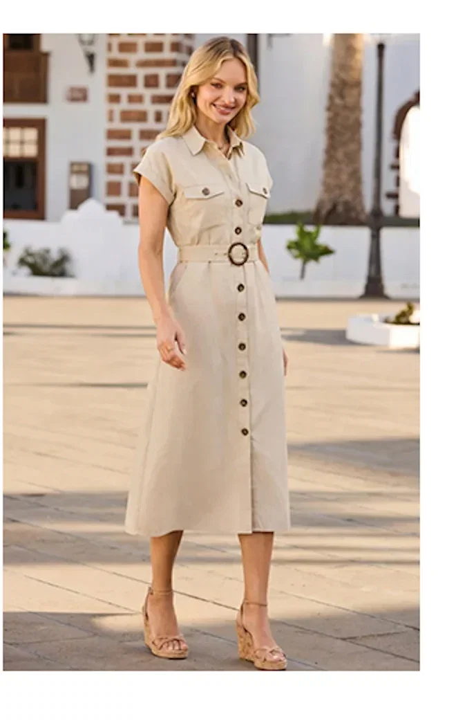 Ecru Pocket Front Belted Denim Shirt Dress
