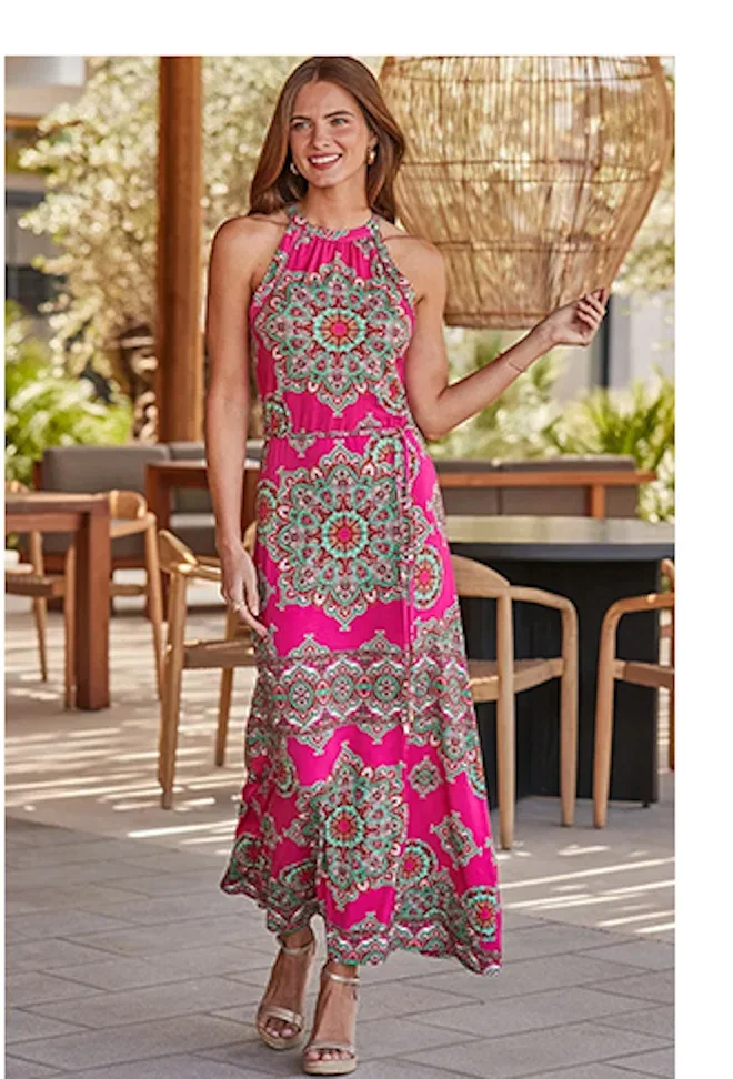 Pink Paradise Print Tiered Hem Sunshine Maxi Dress