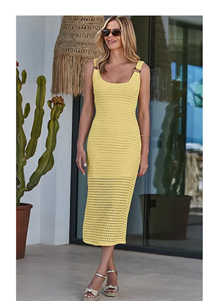 Yellow Crochet Ring Detail Midi Dress
