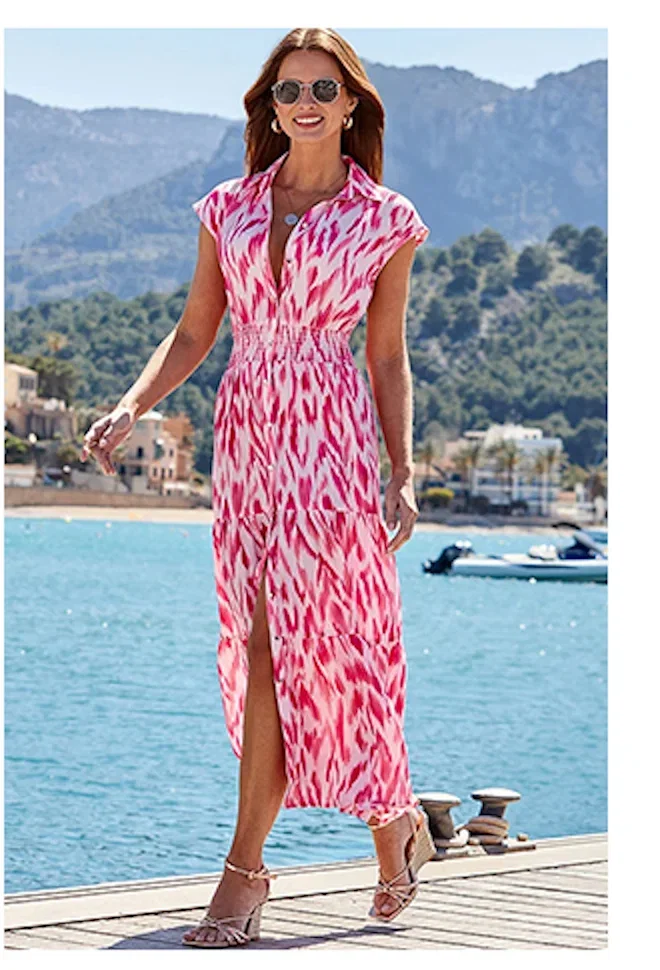 Pink Paradise Print Stretch Waist Shirt Dress