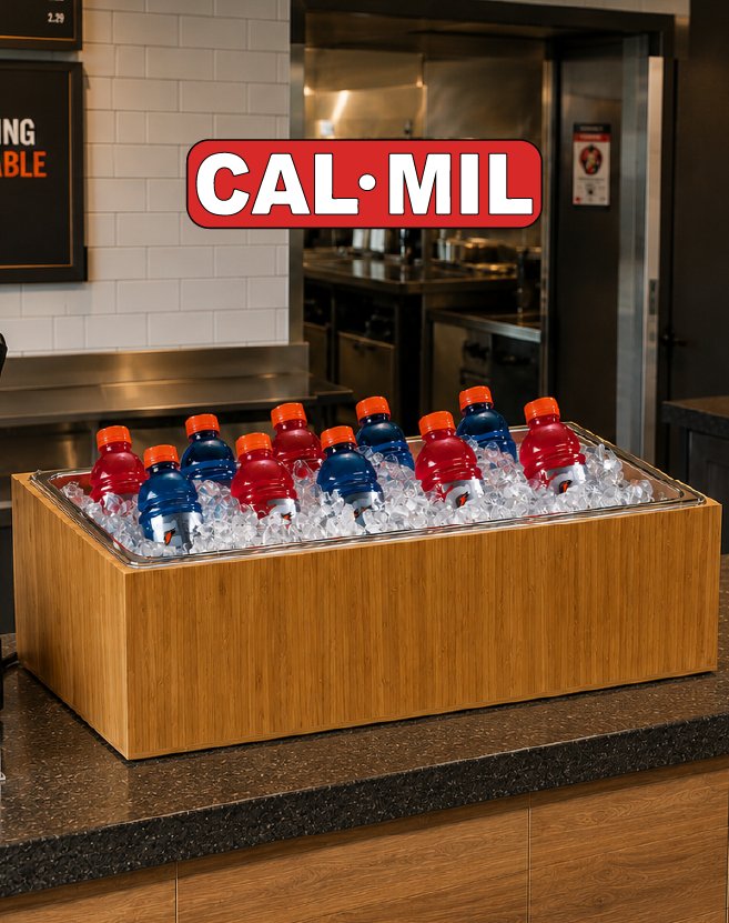 Cal‑Mil beverage display featuring a wood‑style chilled bin filled with bottled drinks on ice, set on a countertop in a commercial kitchen, with the Cal‑Mil logo displayed above.