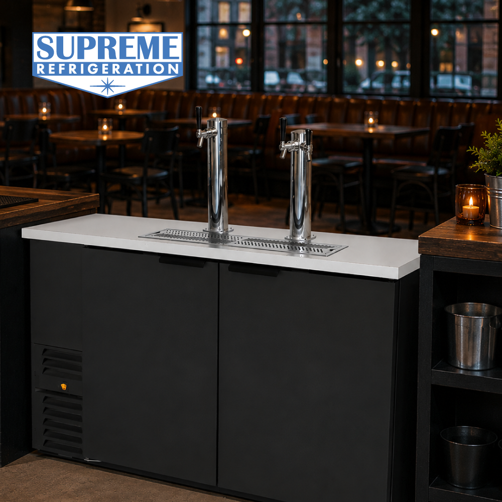 Supreme Refrigeration undercounter kegerator with dual chrome beer taps installed in a bar setting with booth seating and ambient lighting.