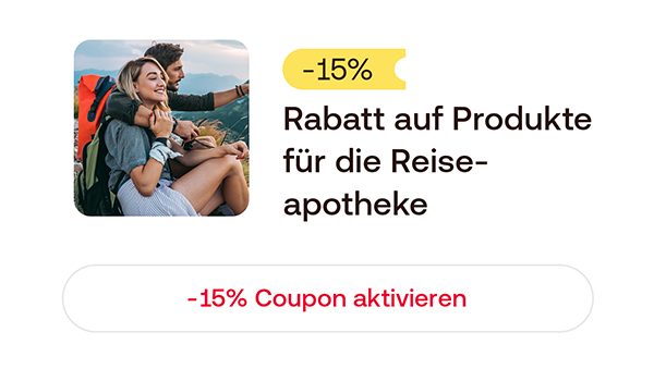 -15 % Rabatt auf Produkte für die Reiseapotheke mit Button „Coupon aktivieren“.