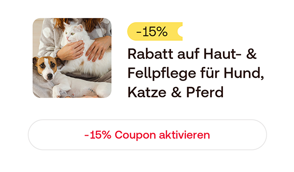 -15 % Rabatt auf Haut- & Fellpflege für Hund, Katze und Pferd mit Button „Coupon aktivieren“.