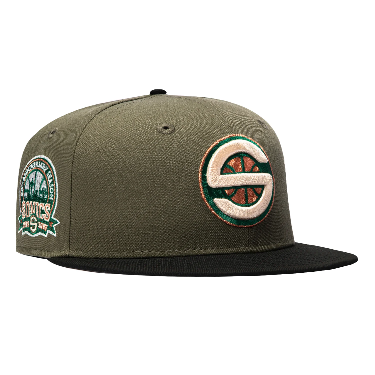Image of New Era 59Fifty Seattle Sonics 40th Anniversary Patch 2007 Alternate Hat - Olive, Black