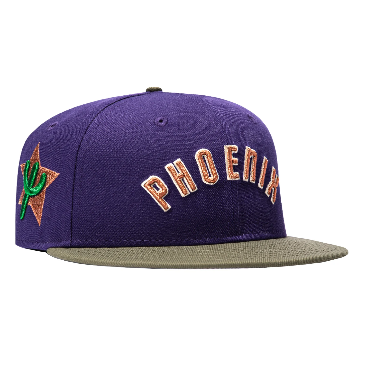 Image of New Era 59Fifty Phoenix Suns 1973 Logo Patch Word Hat - Purple, Olive