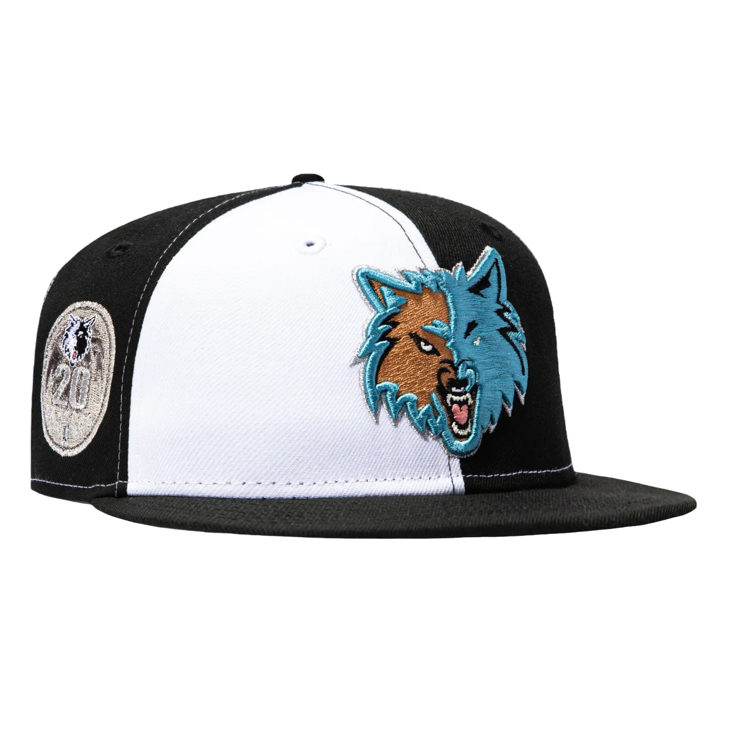 Image of New Era 59Fifty Minnesota Timberwolves 20th Anniversary Patch Pinwheel Hat - White, Black
