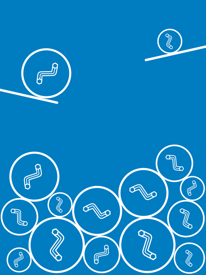 A pile of white circles containing white Allen key icons, over a blue background.