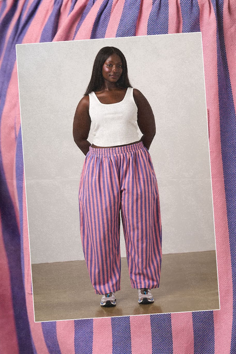 Bee Illustrates Pride 2026 - Freddie - Barrel Leg Cotton Trousers in Pink & Blue Stripe